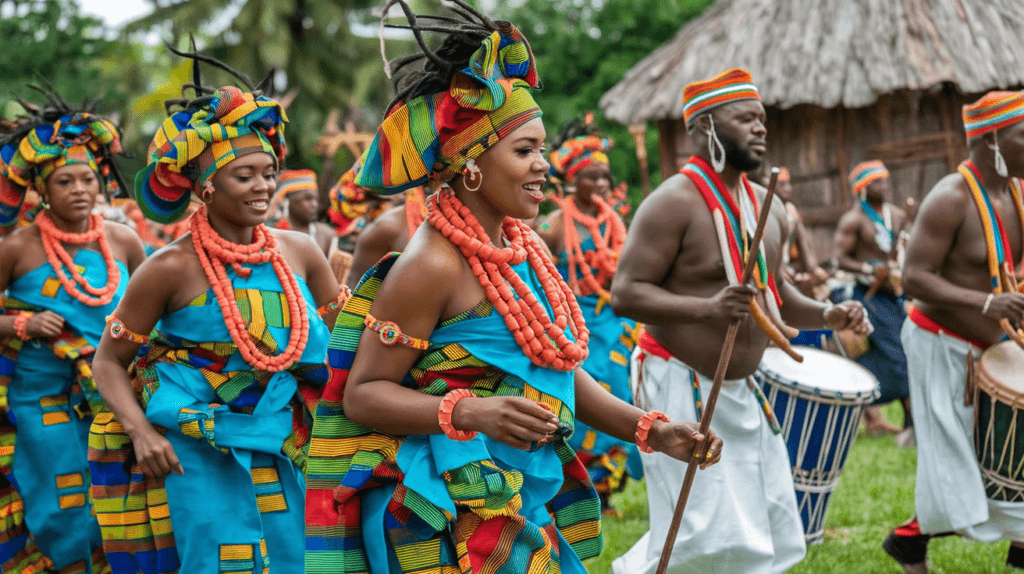 A vibrant scene depicting the Efik people of Nigeria in a cultural celebration. The image shows men and women wearing traditional Efik attire, including elaborate headpieces and richly adorned wrappers made from colorful fabrics. Women are adorned with coral bead necklaces and bracelets, while the men hold staffs and wear intricately designed hats. The background features lush greenery and a traditional wooden hut, with people dancing and drummers playing cultural instruments. The overall atmosphere is joyous and lively, capturing the essence of Efik culture.